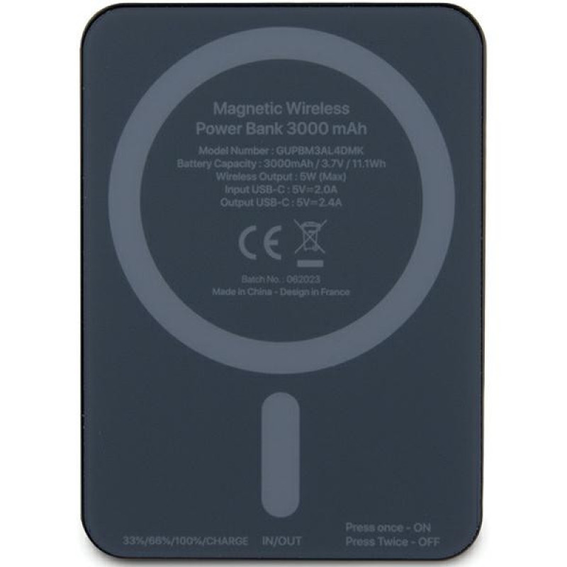 Guess GUPBM3ALGSGK Powerbank 3000 mAh, 5 W, MagSafe Metal Script Logo, nero