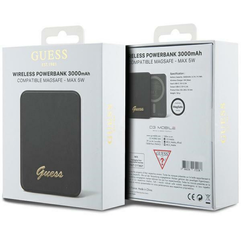 Guess GUPBM3ALGSGK Powerbank 3000 mAh, 5 W, MagSafe Metal Script Logo, nero
