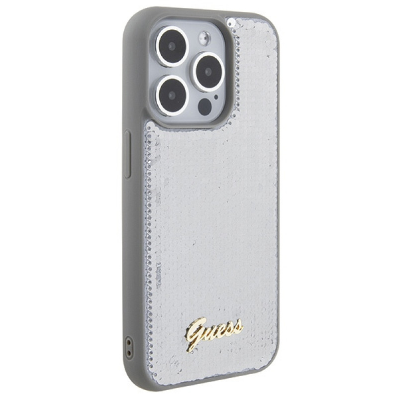 Custodia rigida in metallo Guess GUHCP15LPSFDGSS Sequin Script per Apple iPhone 15 Pro, argento