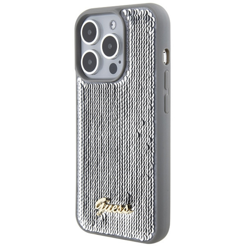 Custodia rigida Guess GUHCP15XPSFDGSS Sequin Script Metal per Apple iPhone 15 Pro Max, argento