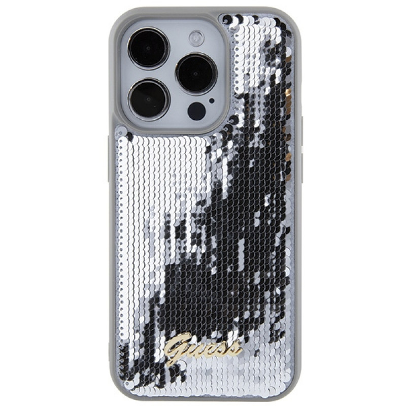 Custodia rigida Guess GUHCP15XPSFDGSS Sequin Script Metal per Apple iPhone 15 Pro Max, argento
