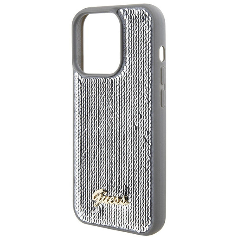 Custodia rigida Guess GUHCP15XPSFDGSS Sequin Script Metal per Apple iPhone 15 Pro Max, argento
