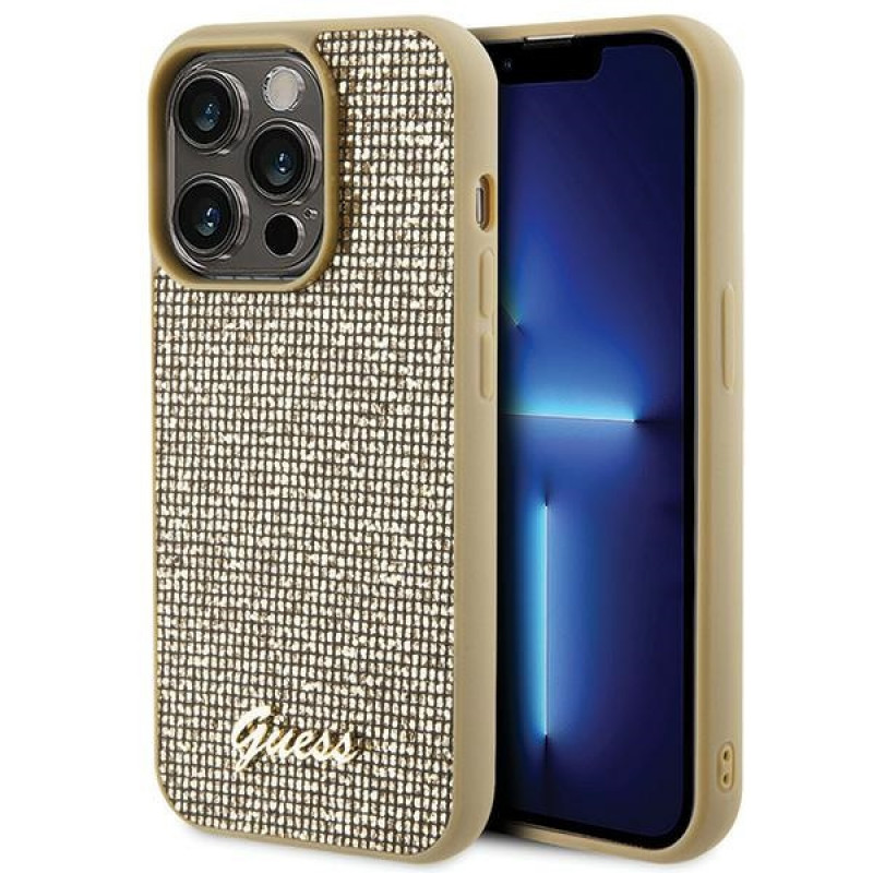 Guess GUHCP15LPMSDGSD Custodia rigida Disco Metal Script per Apple iPhone 15 Pro, oro