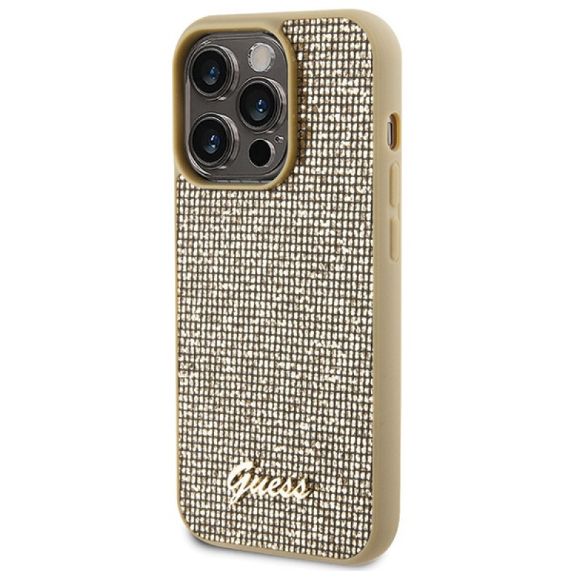 Guess GUHCP15LPMSDGSD Custodia rigida Disco Metal Script per Apple iPhone 15 Pro, oro