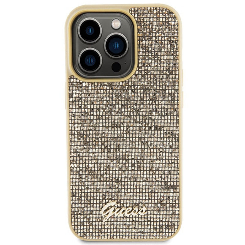Guess GUHCP15LPMSDGSD Custodia rigida Disco Metal Script per Apple iPhone 15 Pro, oro