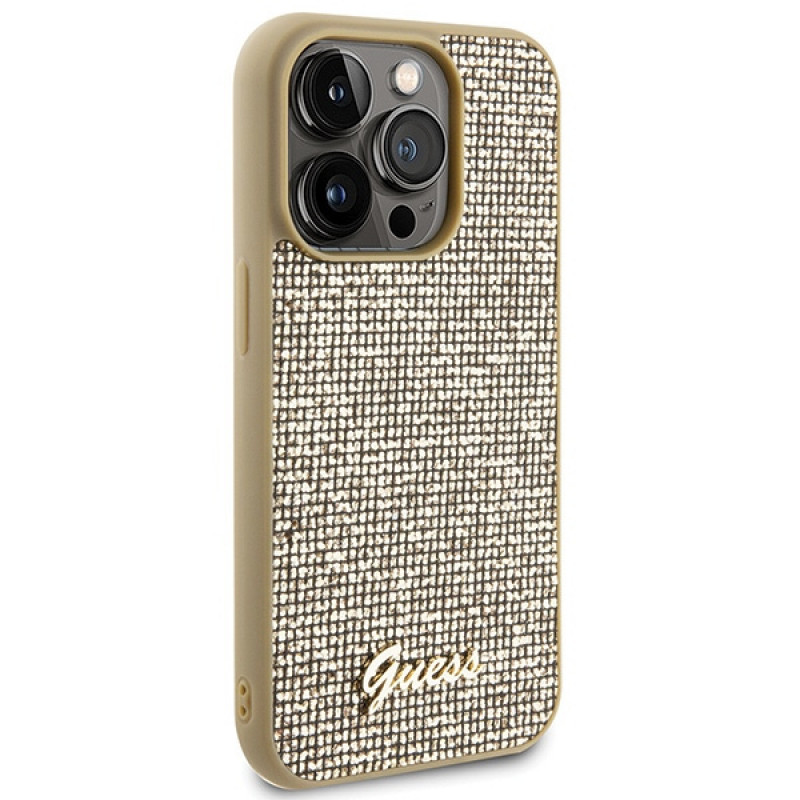 Guess GUHCP15LPMSDGSD Custodia rigida Disco Metal Script per Apple iPhone 15 Pro, oro