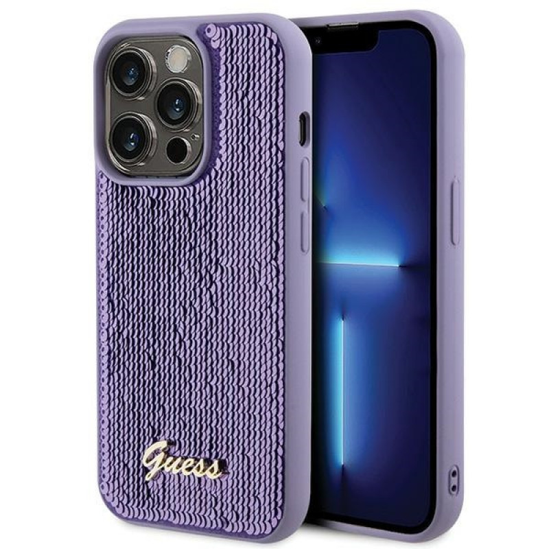 Custodia rigida in metallo Guess GUHCP15XPSFDGSU Sequin Script per Apple iPhone 15 Pro Max, viola