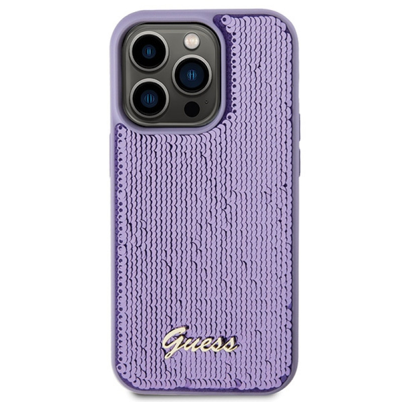 Custodia rigida in metallo Guess GUHCP15XPSFDGSU Sequin Script per Apple iPhone 15 Pro Max, viola