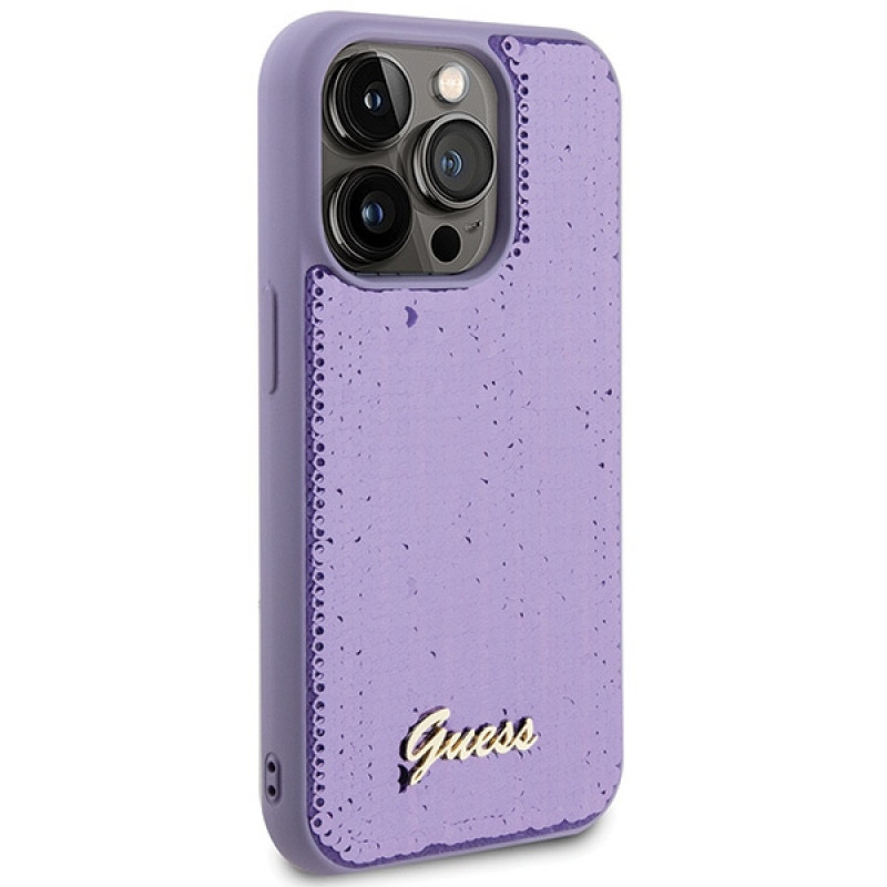 Custodia rigida in metallo Guess GUHCP15XPSFDGSU Sequin Script per Apple iPhone 15 Pro Max, viola