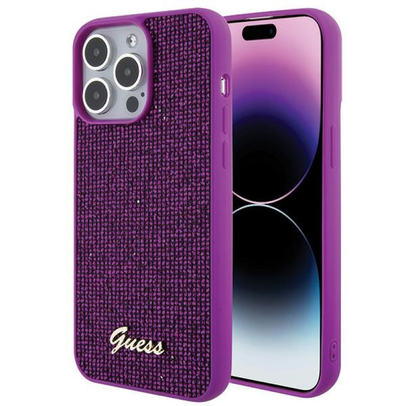 Guess GUHCP15XPMSDGSF Custodia rigida Disco Metal Script per Apple iPhone 15 Pro Max, viola