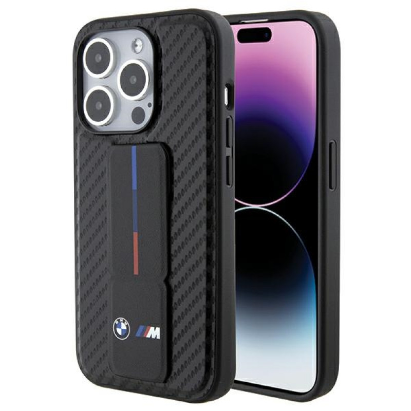 BMW BMHCP15LGSPCCK Custodia rigida per Apple iPhone 15 Pro Grip Stand Smooth & Carbon, nera
