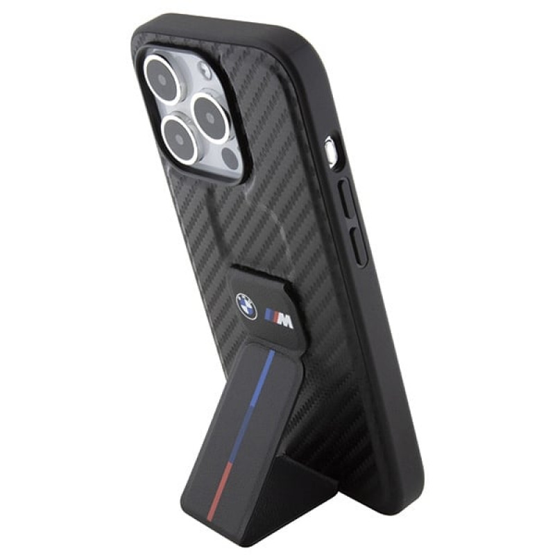 BMW BMHCP15LGSPCCK Custodia rigida per Apple iPhone 15 Pro Grip Stand Smooth & Carbon, nera