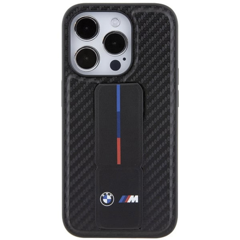 BMW BMHCP15LGSPCCK Custodia rigida per Apple iPhone 15 Pro Grip Stand Smooth & Carbon, nera