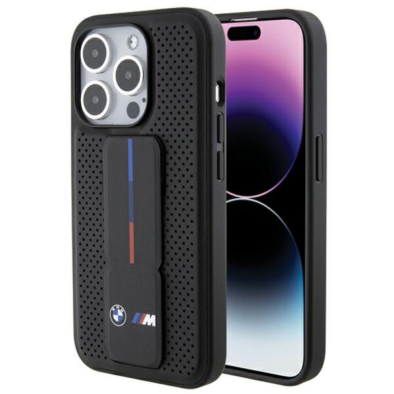 BMW BMHCP15LGSPPRK Custodia rigida per Apple iPhone 15 Pro Grip Stand Smooth & Perforated, nera