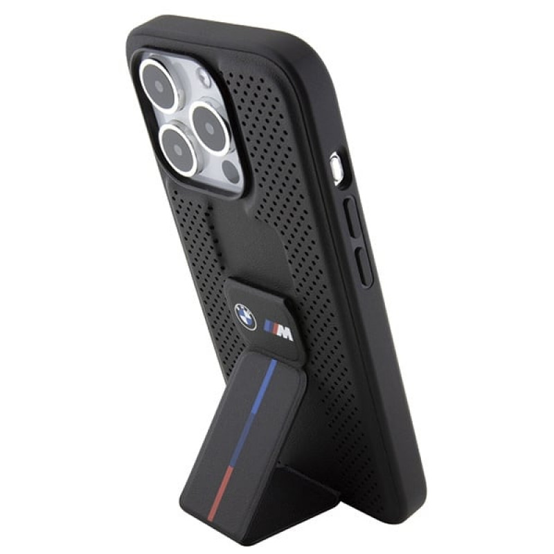 BMW BMHCP15LGSPPRK Custodia rigida per Apple iPhone 15 Pro Grip Stand Smooth & Perforated, nera