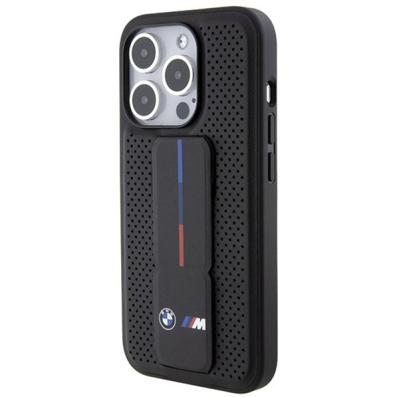 BMW BMHCP15LGSPPRK Custodia rigida per Apple iPhone 15 Pro Grip Stand Smooth & Perforated, nera
