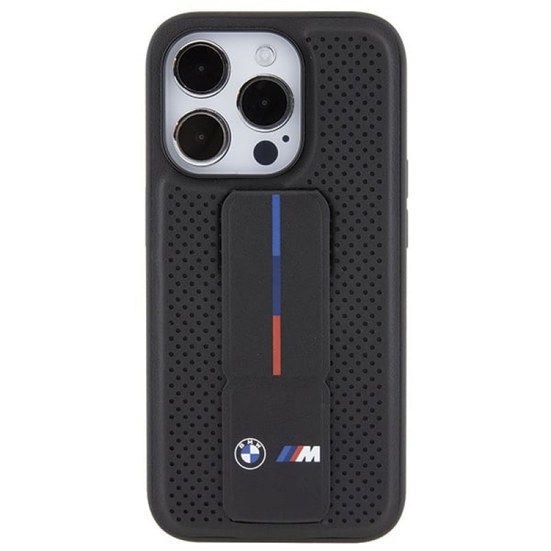 BMW BMHCP15LGSPPRK Custodia rigida per Apple iPhone 15 Pro Grip Stand Smooth & Perforated, nera