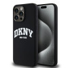 DKNY Custodia rigida per Apple iPhone 15 Pro Max Liquid Silicone White Printed Logo MagSafe, nera