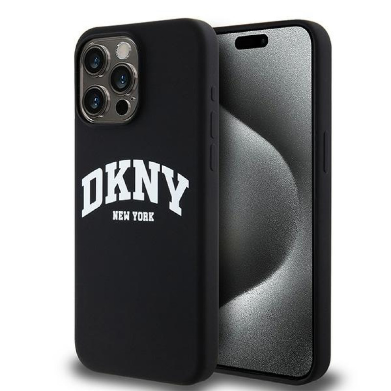 DKNY Custodia rigida per Apple iPhone 15 Pro Max Liquid Silicone White Printed Logo MagSafe, nera