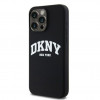 DKNY Custodia rigida per Apple iPhone 15 Pro Max Liquid Silicone White Printed Logo MagSafe, nera