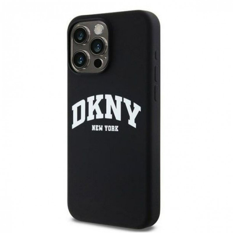 DKNY Custodia rigida per Apple iPhone 15 Pro Max Liquid Silicone White Printed Logo MagSafe, nera