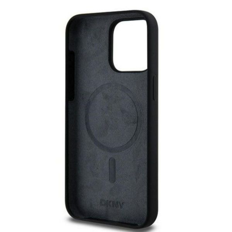 DKNY Custodia rigida per Apple iPhone 15 Pro Max Liquid Silicone White Printed Logo MagSafe, nera
