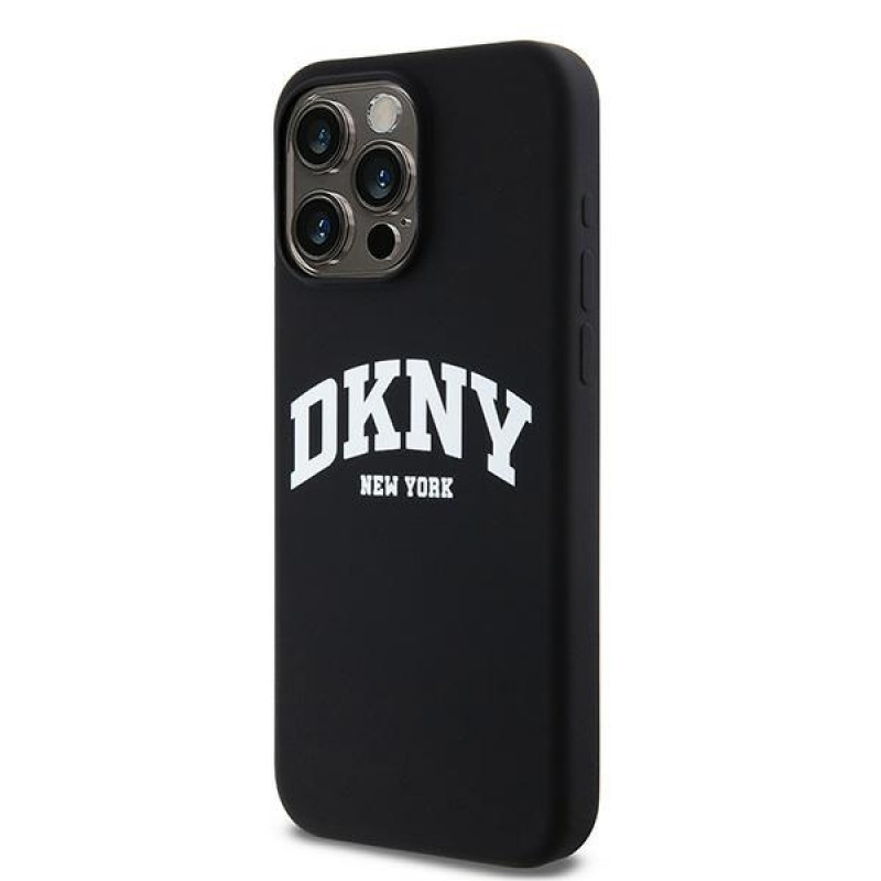 DKNY Custodia rigida per Apple iPhone 15 Pro Max Liquid Silicone White Printed Logo MagSafe, nera