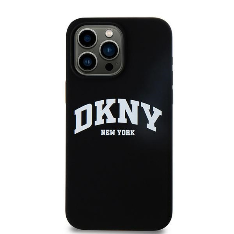 DKNY Custodia rigida per Apple iPhone 15 Pro Max Liquid Silicone White Printed Logo MagSafe, nera