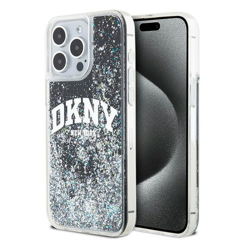 Custodia rigida DKNY per Apple iPhone 15 Pro Max Liquid Glitter Big Logo, nera