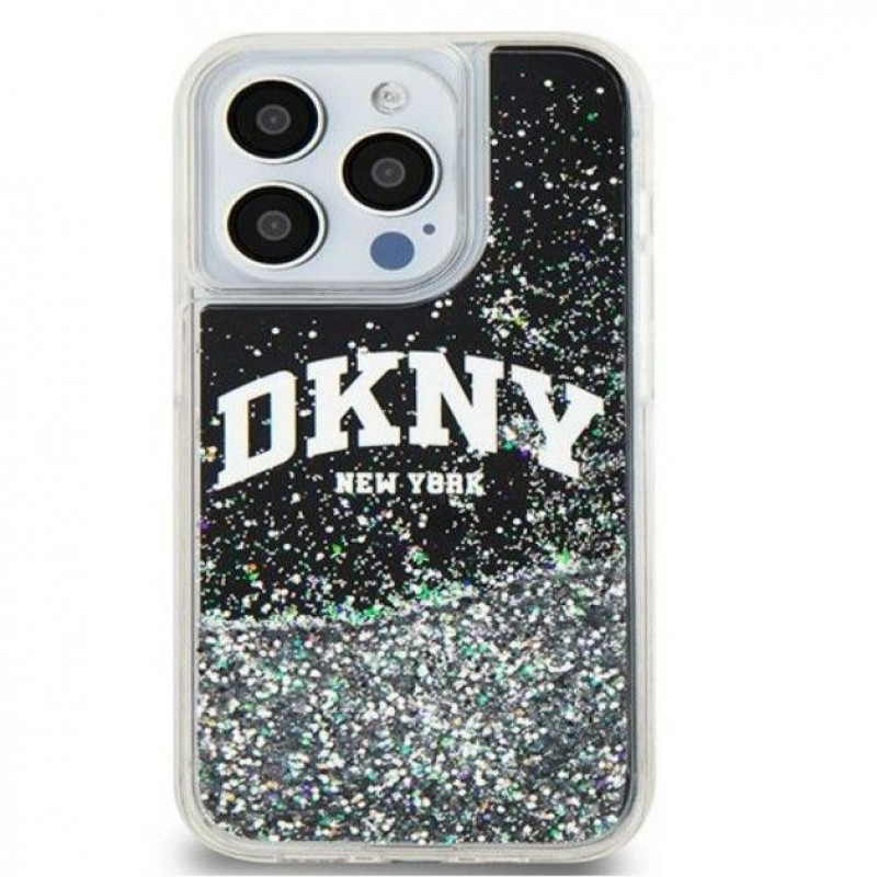 Custodia rigida DKNY per Apple iPhone 15 Pro Max Liquid Glitter Big Logo, nera