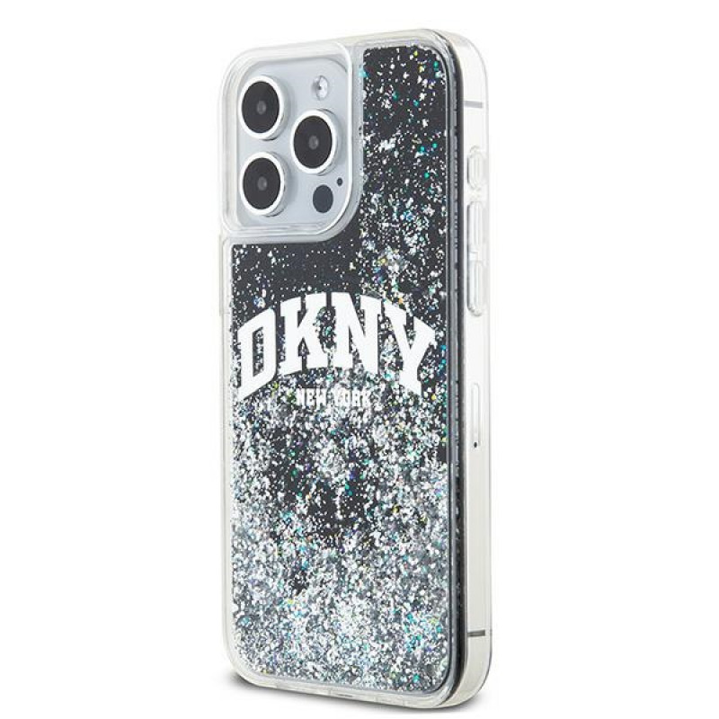 Custodia rigida DKNY per Apple iPhone 15 Pro Max Liquid Glitter Big Logo, nera