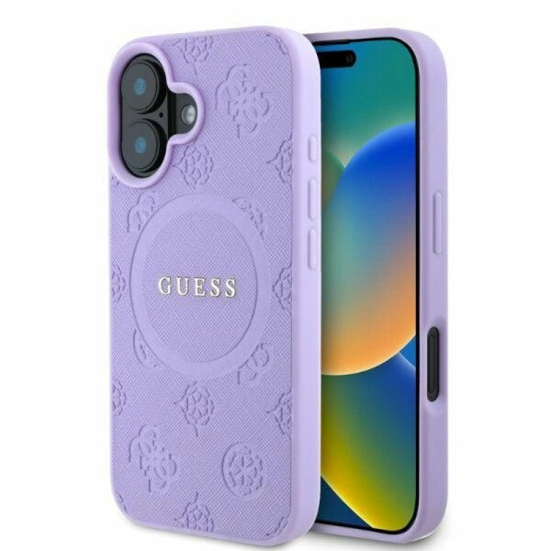 Custodia MagSafe Guess Saffiano Peony Stamp per Apple iPhone 16, viola
