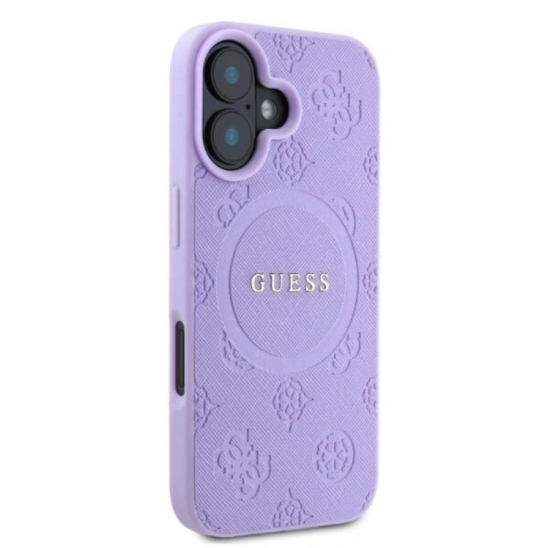 Custodia MagSafe Guess Saffiano Peony Stamp per Apple iPhone 16, viola