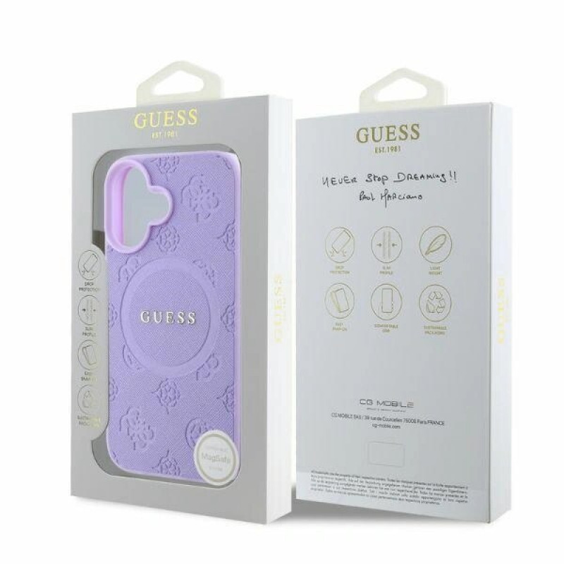 Custodia MagSafe Guess Saffiano Peony Stamp per Apple iPhone 16, viola