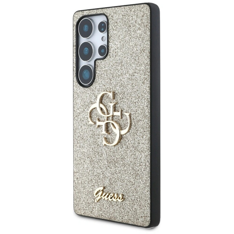 Custodia rigida Guess Fixed Glitter Big 4G Metal Logo per Samsung Galaxy S25 Ultra, oro