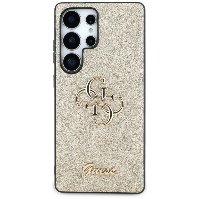 Custodia rigida Guess Fixed Glitter Big 4G Metal Logo per Samsung Galaxy S25 Ultra, oro