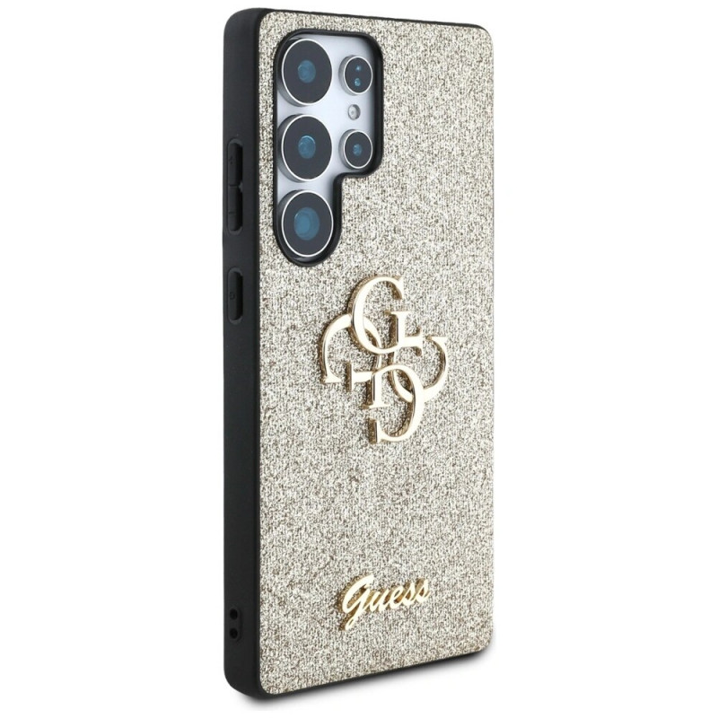 Custodia rigida Guess Fixed Glitter Big 4G Metal Logo per Samsung Galaxy S25 Ultra, oro
