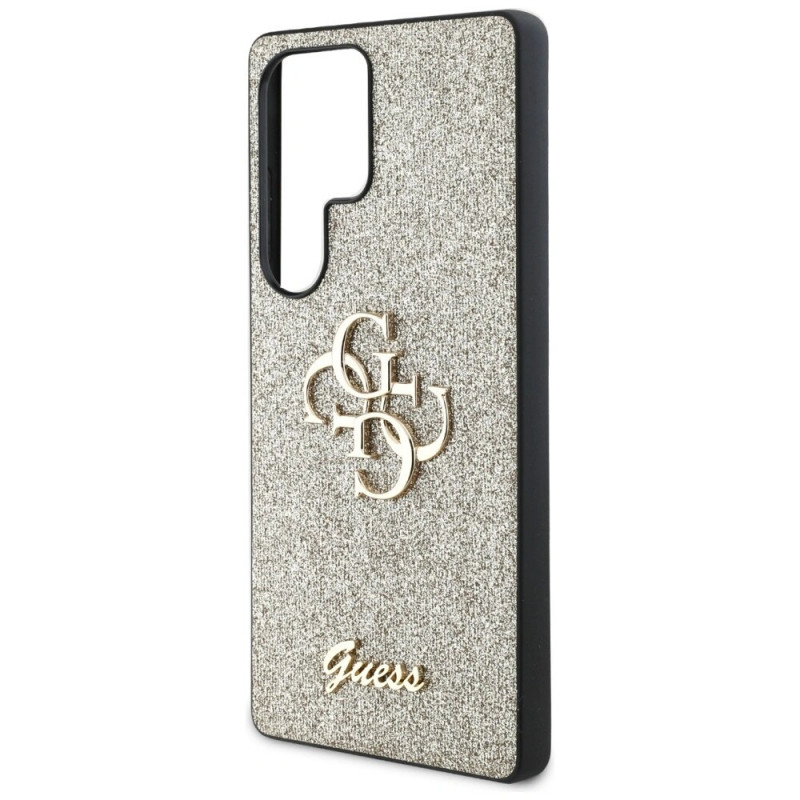 Custodia rigida Guess Fixed Glitter Big 4G Metal Logo per Samsung Galaxy S25 Ultra, oro