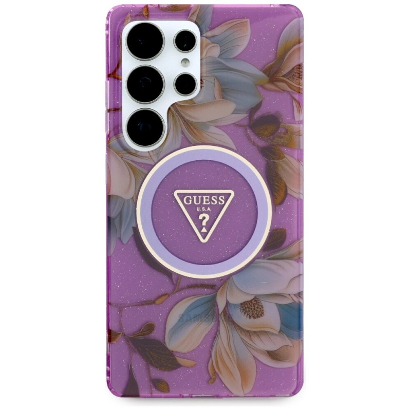 Custodia MagSafe Guess Glitter Flowers Triangle Buttons per Samsung Galaxy S25 Ultra, viola