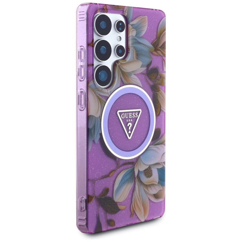 Custodia MagSafe Guess Glitter Flowers Triangle Buttons per Samsung Galaxy S25 Ultra, viola