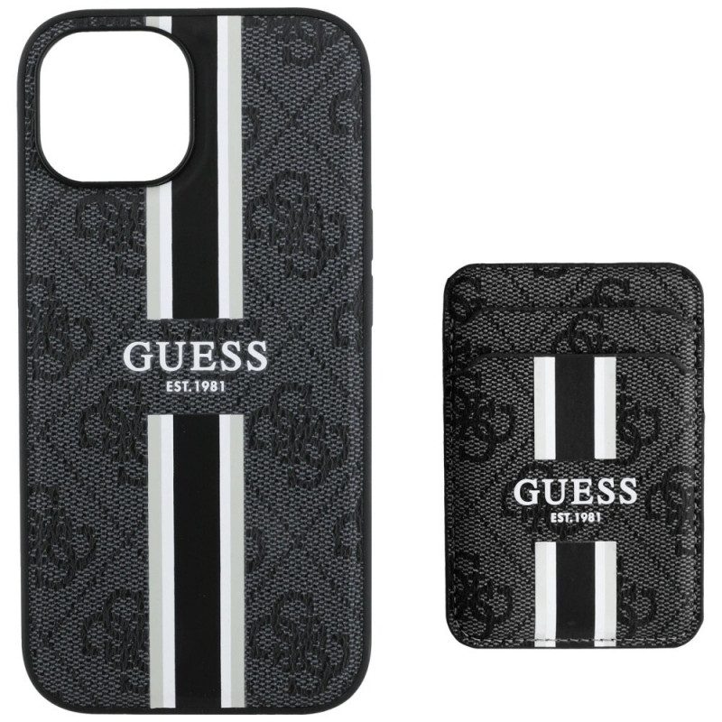 Custodia con portafoglio MagSafe Guess 4G Stripes per Apple iPhone 15, nera