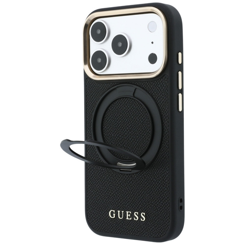 Custodia Guess Ring Stand 360 Grained Classic Logo MagSafe per Apple iPhone 18 Pro / 17 Pro, nera