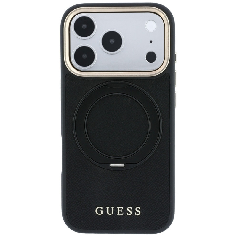 Custodia Guess Ring Stand 360 Grained Classic Logo MagSafe per Apple iPhone 18 Pro / 17 Pro, nera