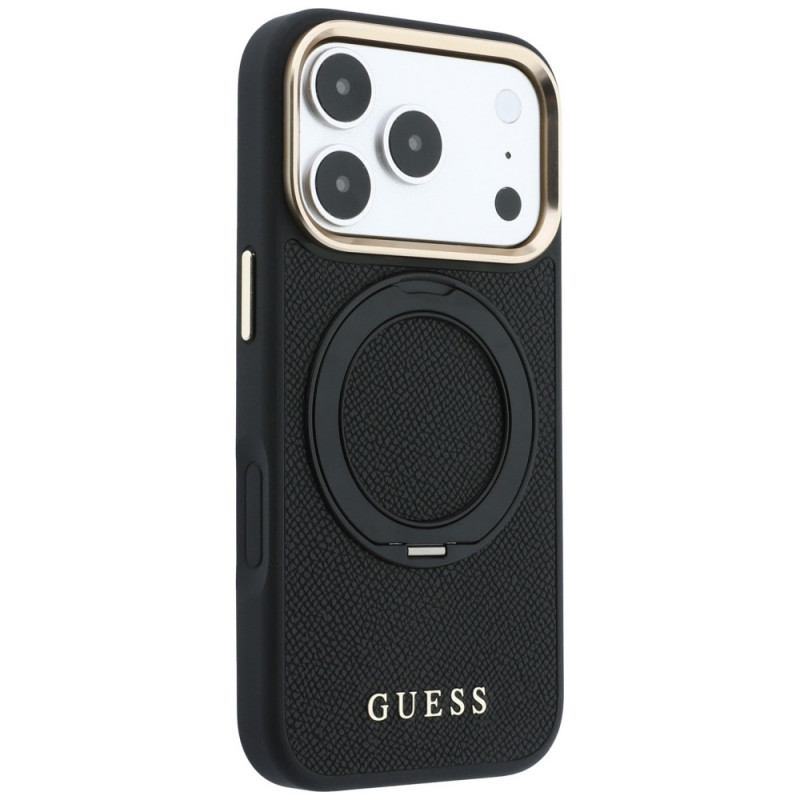 Custodia Guess Ring Stand 360 Grained Classic Logo MagSafe per Apple iPhone 18 Pro / 17 Pro, nera