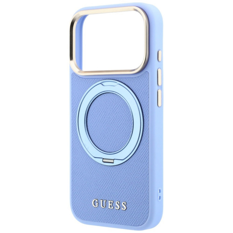 Custodia MagSafe Guess Ring Stand 360 Grained Classic Logo per Apple iPhone 18 Pro / 17 Pro, azzurra