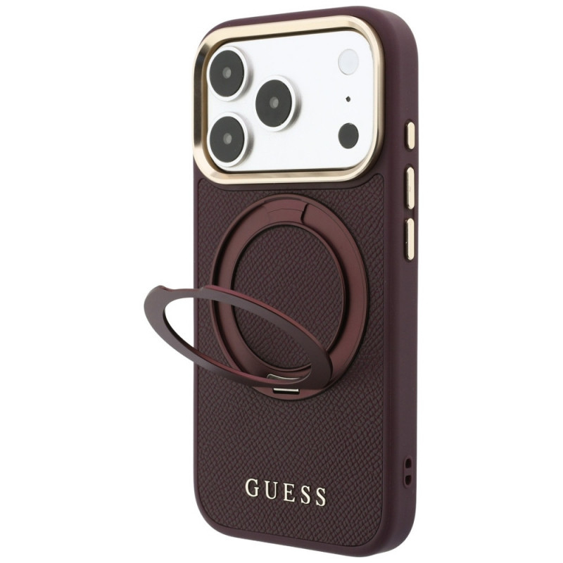 Custodia MagSafe Guess Ring Stand 360 Grained Classic Logo per Apple iPhone 18 Pro / 17 Pro, bordeaux