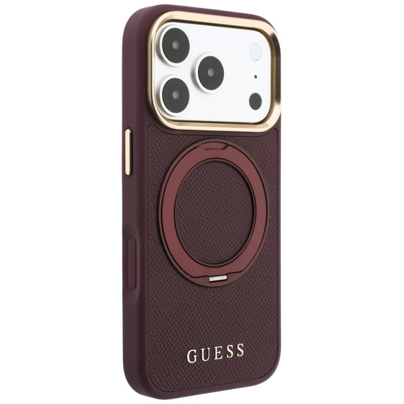 Custodia MagSafe Guess Ring Stand 360 Grained Classic Logo per Apple iPhone 18 Pro / 17 Pro, bordeaux