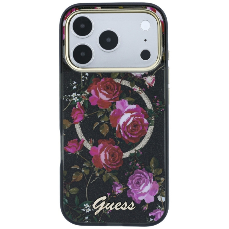 Custodia rigida Guess GUE6042 IML Glitter Blossom Roses MagSafe per Apple iPhone 18 Pro Max / 17 Pro Max, nera