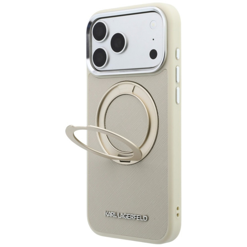 Custodia MagSafe Karl Lagerfeld Ring Stand 360 Saffiano Classic Logo per Apple iPhone 18 Pro / 17 Pro, beige
