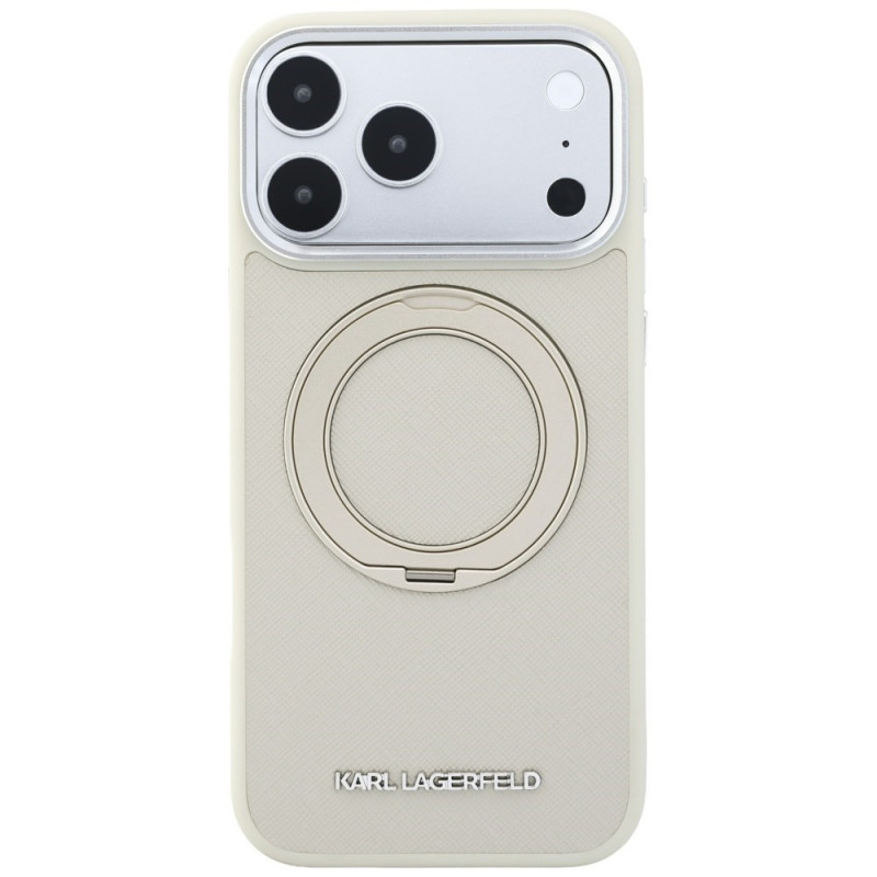 Custodia MagSafe Karl Lagerfeld Ring Stand 360 Saffiano Classic Logo per Apple iPhone 18 Pro / 17 Pro, beige